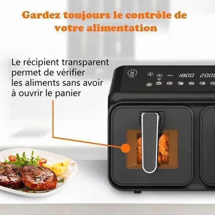 Friteuse sans huile 2 compartiment 8L 2200W Double cuve indépendante Friteuse sans huile Fenêtre transparente 10 programmes