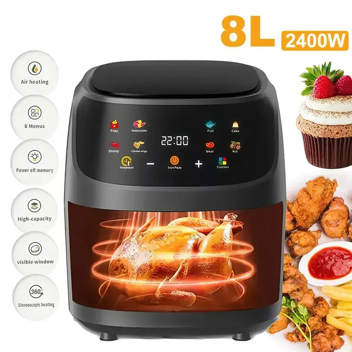 Friteuse sans huile 2400W –Écran tactile LED & Fenêtre transparente –8 programmes – Pour frites viandes pizzas – Nettoyage facile