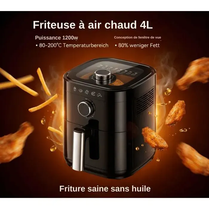 Friteuse sans huile 4L noire 1200W fenêtre de cuisson air chaud 80-200°C panier visible