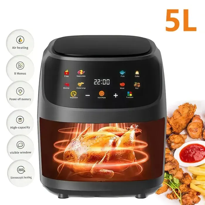 Friteuse Sans Huile 5L 1400W Écran LED Tactile Fenêtre Transparente 8 Programmes Sans BPA Mémoire