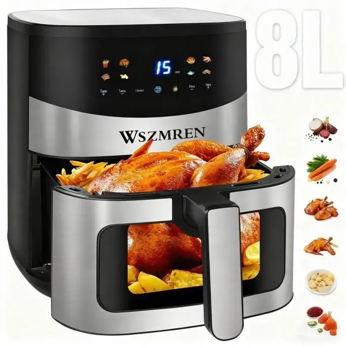 Friteuse sans huile 8L 1800W WSZMREN - Air fryer avec écran tactile LED 8 programmes fenêtre visible minuterie et thermostat
