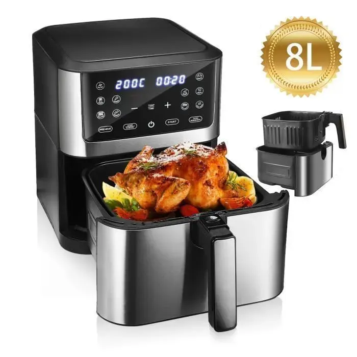 Friteuse Sans Huile- 8L Airfryer 2800W - 10 programmes - Panier Amovible Cuisson - Ecran LED Tactile HD - Noir