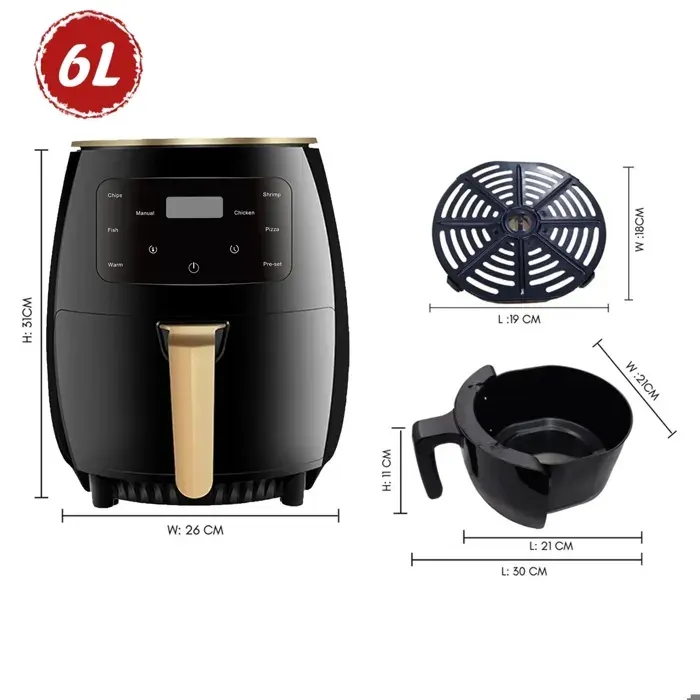 Friteuse sans huile - Capacité 6L - 6 programmes de cuisine - écran tactile - circulation dair chaud à 360° - 1400W Friteuse