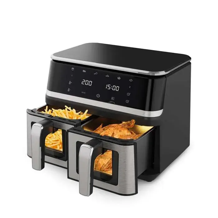 Friteuse sans huile double panier 9L noire écran tactile 12 programmes fenêtre visible air 360°