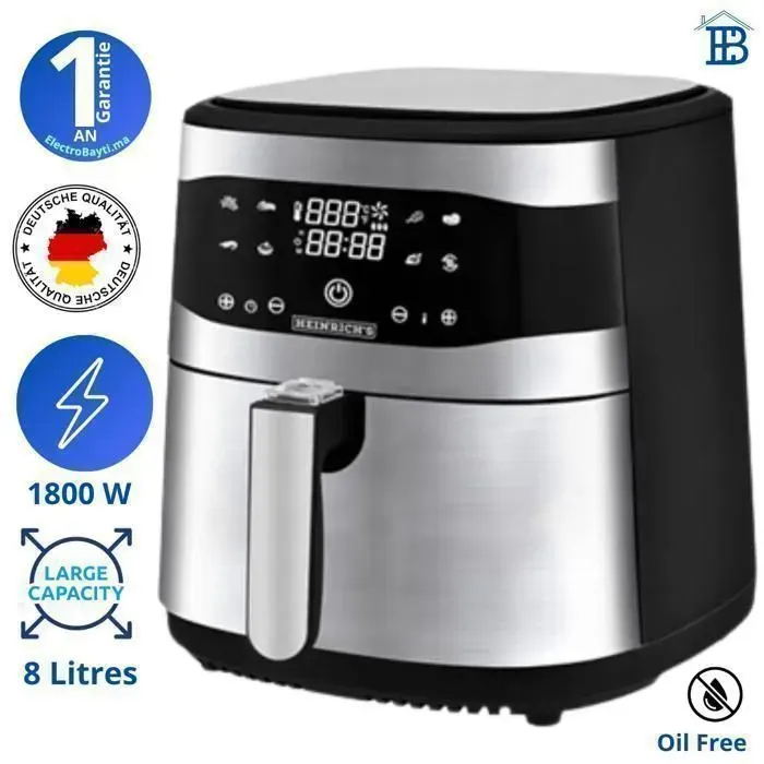 Friteuse sans Huile - Heinrichs - 8 Litres - 1800W - Écran Tactile LED - 8 Programmes