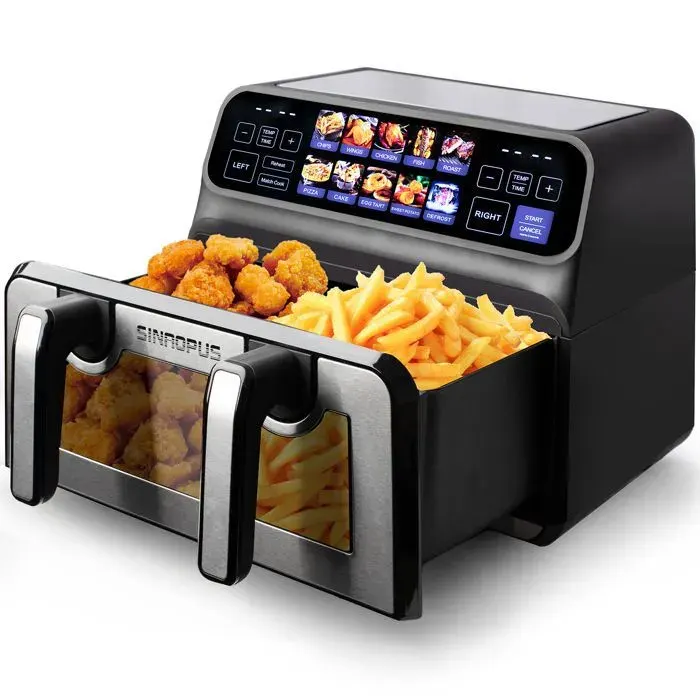 Friteuse sans Huile SINOPUS 12L - Double Panier Fenêtre Transparente Cuisson 360° 10 Programmes LED - Air Fryer Grande Capacité