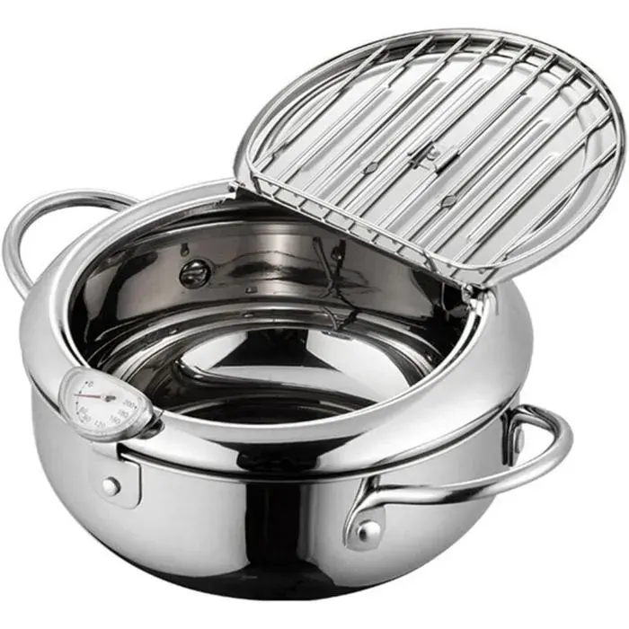 Friteuse tempura japonaise - ZOR® - Acier inoxydable 304 - Thermomètre inclus - Égouttoir intégré