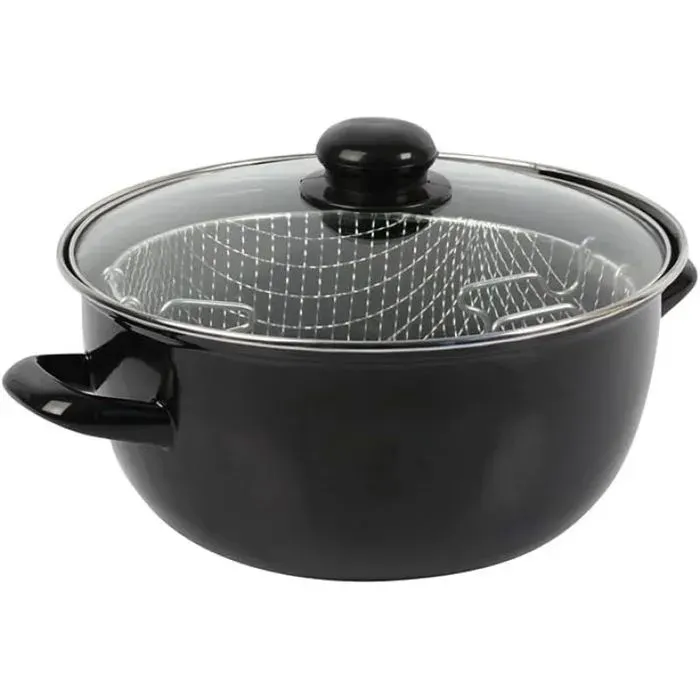 Friteuse Traditionnelle Ø20 cm en Acier Émaillé avec Panier & Couvercle Verre – Cuisson à l’Ancienne pour Frites Dorées