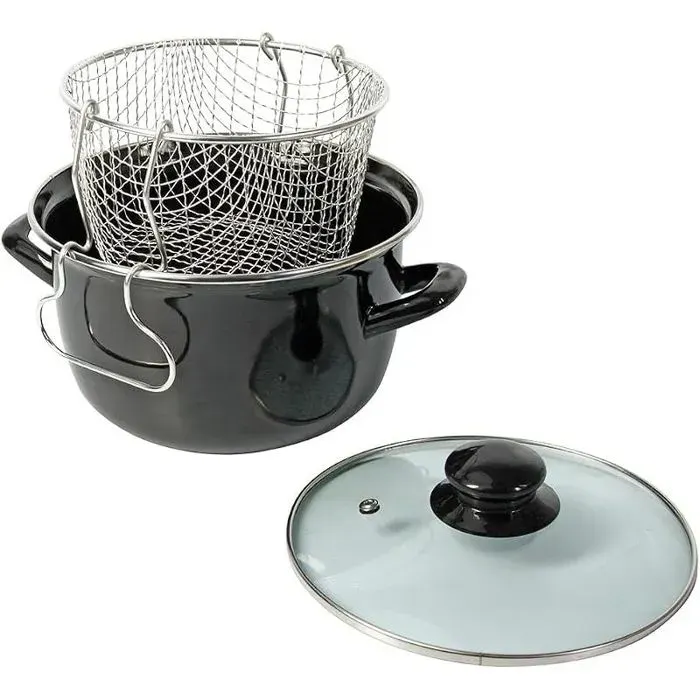 Friteuse Traditionnelle Ø26 cm en Acier Émaillé avec Panier & Couvercle Verre – Cuisson à l’Ancienne pour Frites Dorées