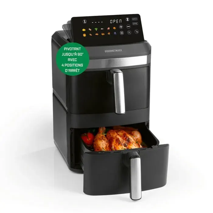 FryUp XL GOURMETmaxx Friteuse air chaud verticale double chambre fenêtre visualisation 12L écran LED 12 programmes SYNC&MATCH