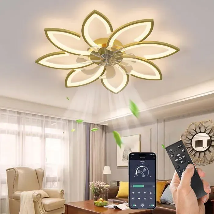 Ganeed Ventilateur de Plafond à LED 6 Vitesses Fan Silencieux avec Dimmable Eclairage 3 Couleurs Lampe - Gold
