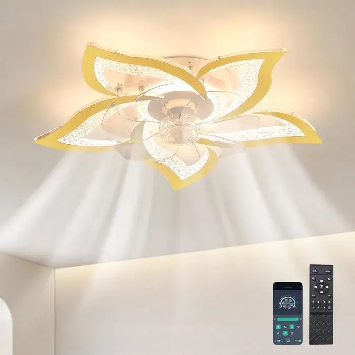 Ganeed Ventilateur de Plafond avec Lumière Avec Télécommande 6 Vitesses Dimmable Lustre Ventilateur Plafond (Or 65cm)