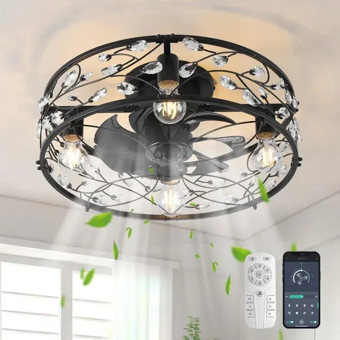 Ganeed Ventilateur de plafond en cristal lumières avec télécommande lustre moderne Ampoule de ventilateur en cage E27 Ventilateur