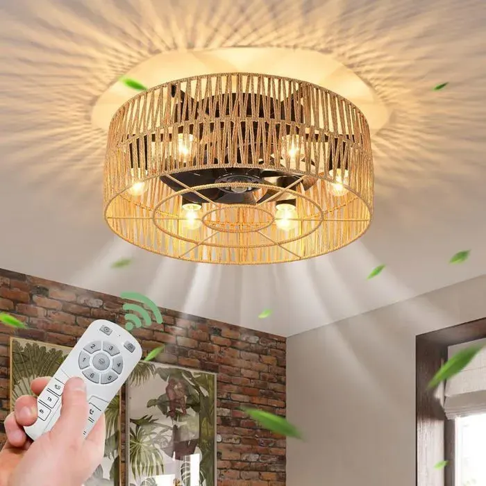 Ganeed ventilateurs de plafond avec lumières ventilateur de plafond de ferme de style industriel 50cm Boho Rotin en cage lampe E27