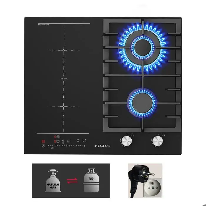 GASLAND GIH604BF Plaque de cuisson mixte 60 cm 4 Feux 2 Gaz + 2 Induction Verre trempé Encastrable Avec Prise Secteur