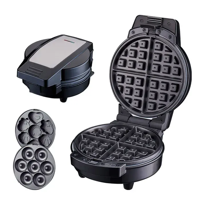 Gaufrier 3 en 1 - 600W - Donut Maker avec 3 Plaques Antiadhésives Amovibles - Appareil Croque Monsieur - Noir