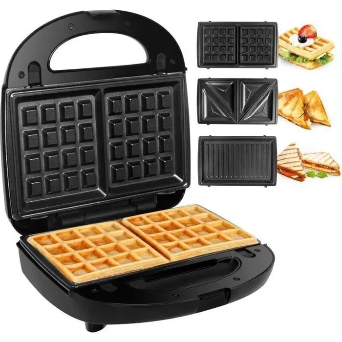 Gaufrier 3 en 1 multifonction - Plaques interchangeables et antiadhésives Préchauffage rapide 750 W - Cuisine et petit déjeuner