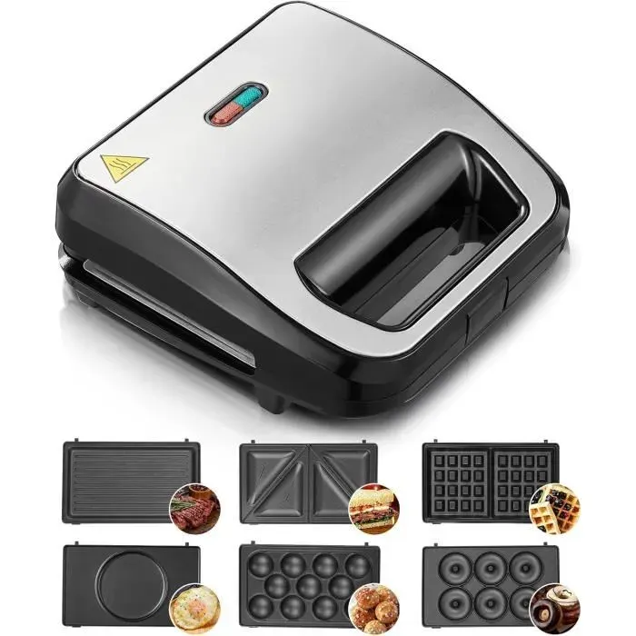 Gaufrier 6 en 1 - FOHERE - 750W - Plaques Antiadhésives - Compact - Multifonctionnel