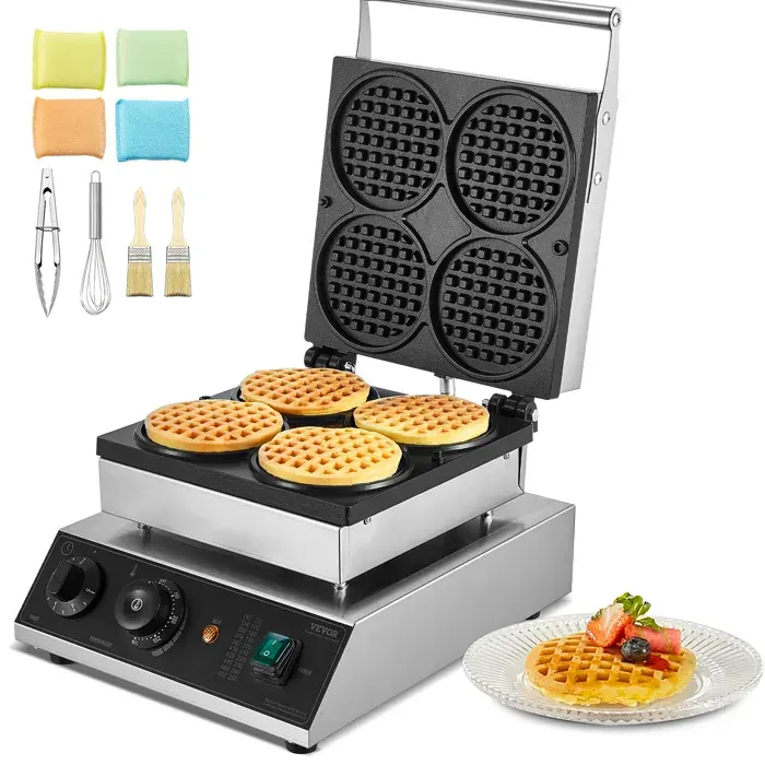 Gaufrier à cornet de glace commercial - VEVOR - HT-2206B - 1750 W - 4 pièces - Contrôle température & temps — coloris Argent