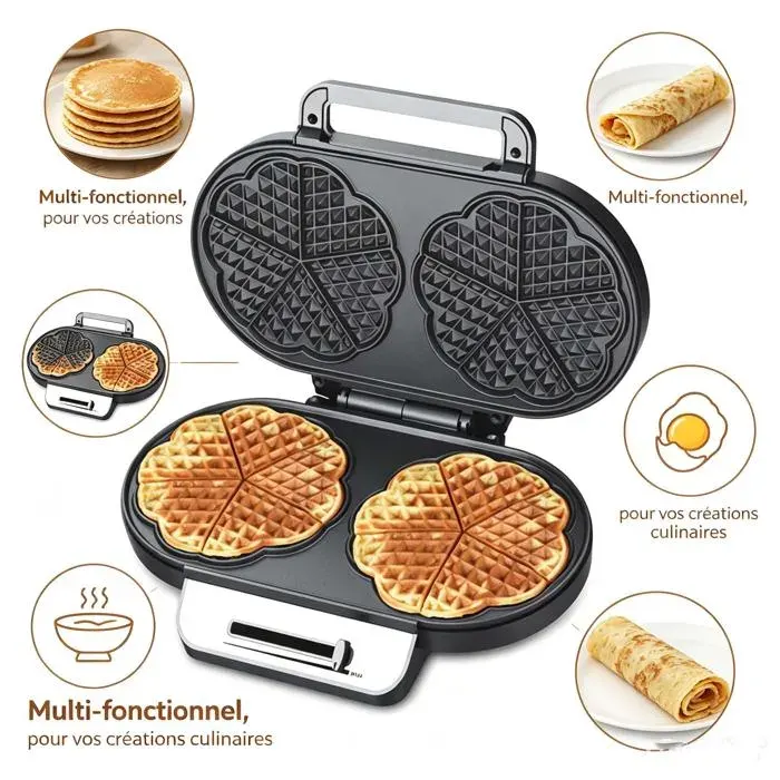 Gaufrier cœur – 1200W - plaques antiadhésives - boîtier inox – Pour gaufres en forme de cœur – Idéal pour petit-déjeuner goûter