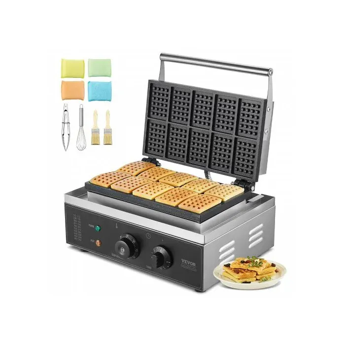 Gaufrier Commercial 1550 W Appareil à Gaufres Belges Rectangulaires Capacité 10PCs en Acier Inoxydable Antiadhésif avec