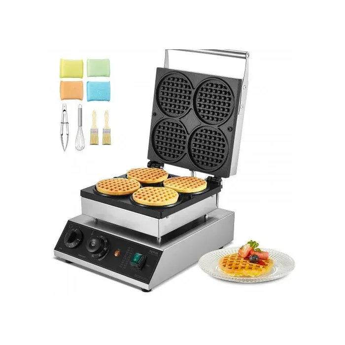 Gaufrier Commercial 1750 W Appareil à Gaufres Rondes Capacité 4PCs en Acier Inoxydable Antiadhésif avec Contrôle de la