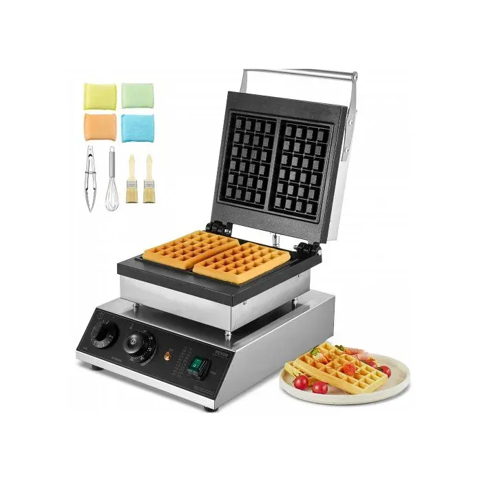 Gaufrier Commercial 2000 W Gaufres Belges Rectangulaires 2 Pièces Acier Inox pour Boulangerie Snack-bar