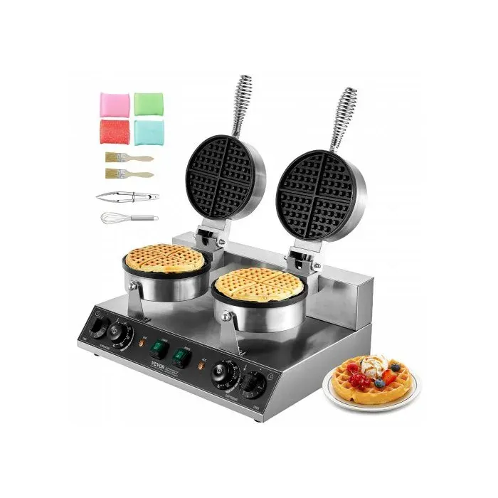 Gaufrier Commercial 2460 W Appareil à Gaufre Ronde à Double Tête en Acier Inoxydable Antiadhésif avec Contrôle de la