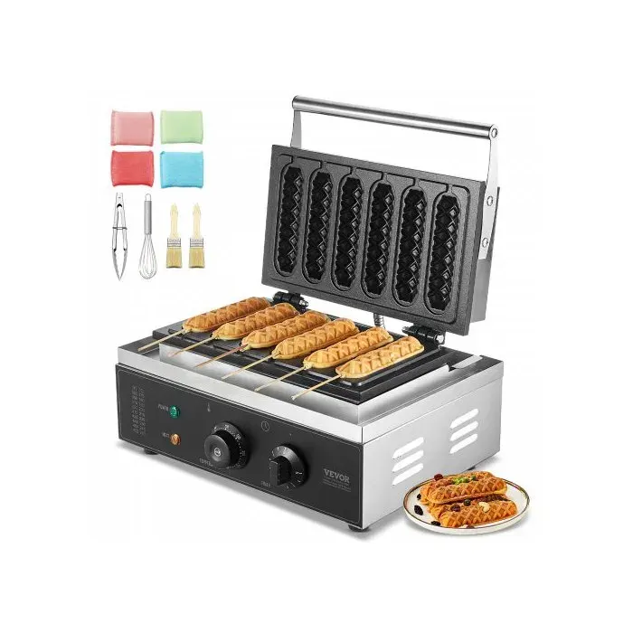 Gaufrier Commercial 6 Pièces 1500W Gaufrier Machine Gaufrier Antiadhésif en Acier Inoxydable pour Hot Dog avec Contrôle de la