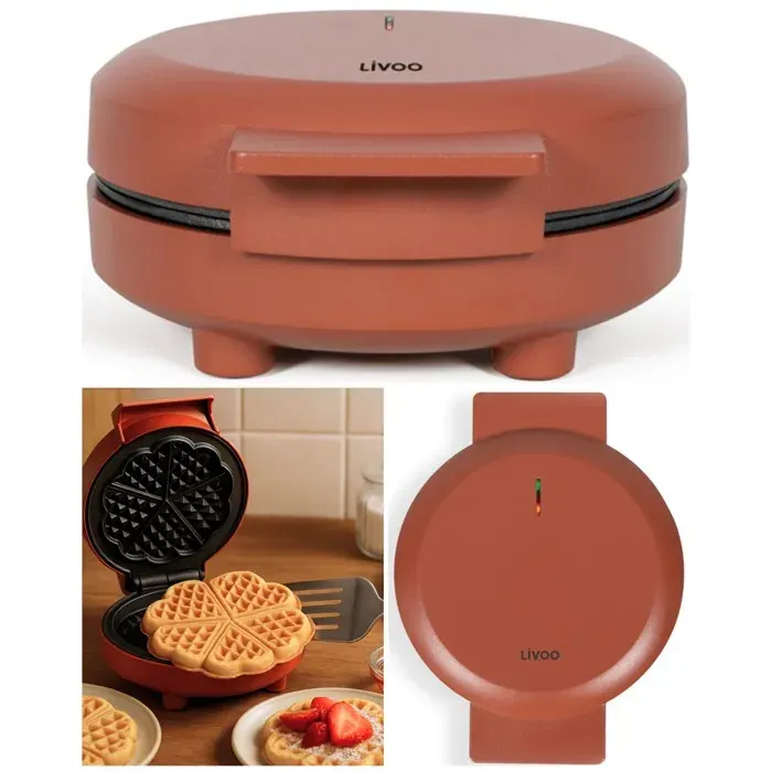 Gaufrier Électrique - LIVOO - 1000W - Revêtement Antiadhésif - 5 Gaufres en Cœur - Poignée Isolante