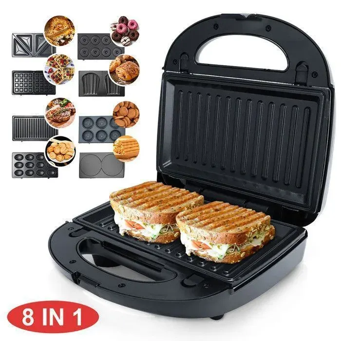 Gaufrier électrique Multifonction 8 en 1 - Grande Puissance de 750W - Plaques Interchangeables - Appareil à Croque Monsieur Grill — coloris Noire