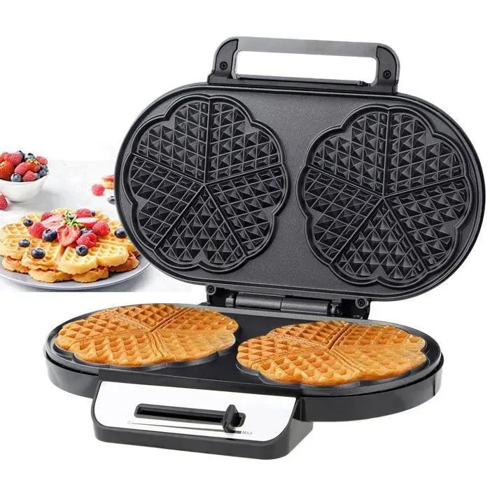 Gaufrier forme de cœur - Brillsten - Revêtement anti-adhérent-Température réglable - Noir – 2 Gaufres – Grande Puissance de 1200 W