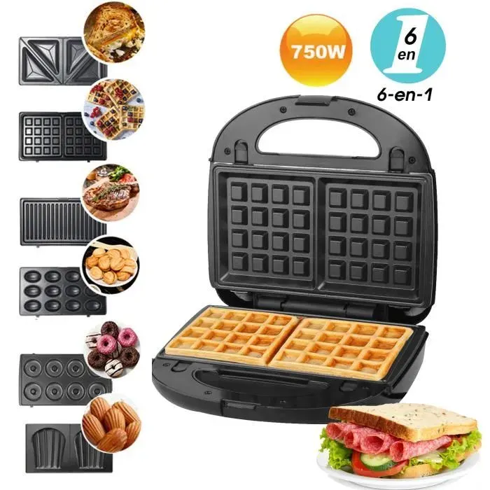 Gaufrier Multifonction Croque Monsieur Machine à Sandwich Gaufrier 6 en 1 Grille de Contact 750W Noir VINTEKY®