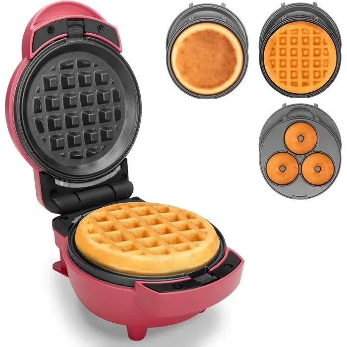 Gaufrier multifonction - DEMA - Plaques amovibles - Mini-crêpes et mini-donuts - Compact et léger — coloris Rouge