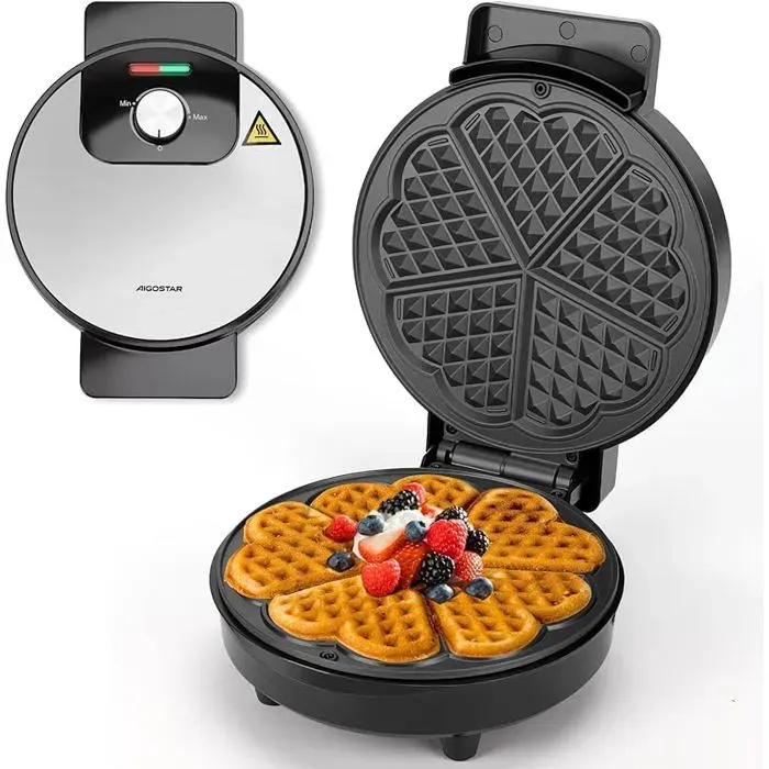 Gaufrier pour 5 Gaufre en Forme de Cœur 1000W Plaque Antiadhéive de 19 cm Température Réglable Indicateur LED Poignée GAUFRIER