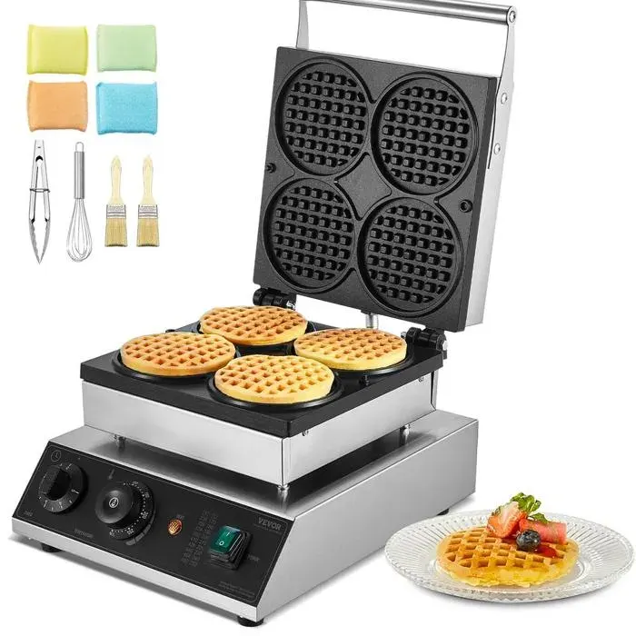 Gaufrier professionnel 1750 W 4 gaufres rondes inox antiadhésif contrôle température et temps pour restaurant snack-bar