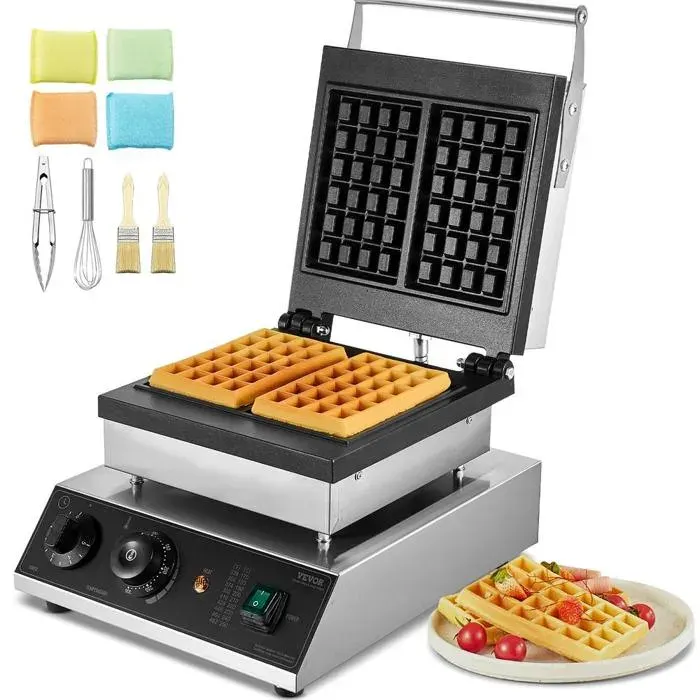 Gaufrier professionnel 2000 W inox argent antiadhésif 2 gaufres avec contrôle température et temps pour boulangerie snack-bar