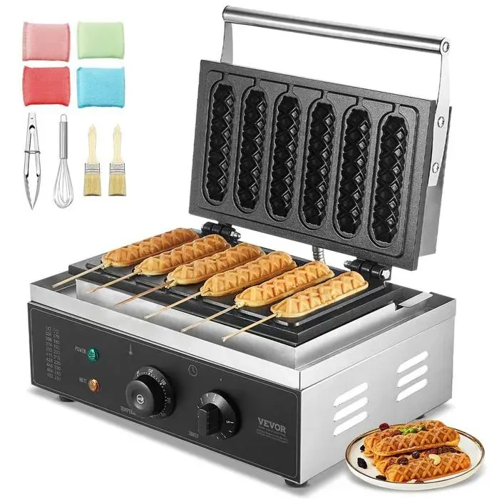 Gaufrier professionnel 6 pièces 1500 W acier inoxydable argent antiadhésif avec contrôle température et temps snack bar