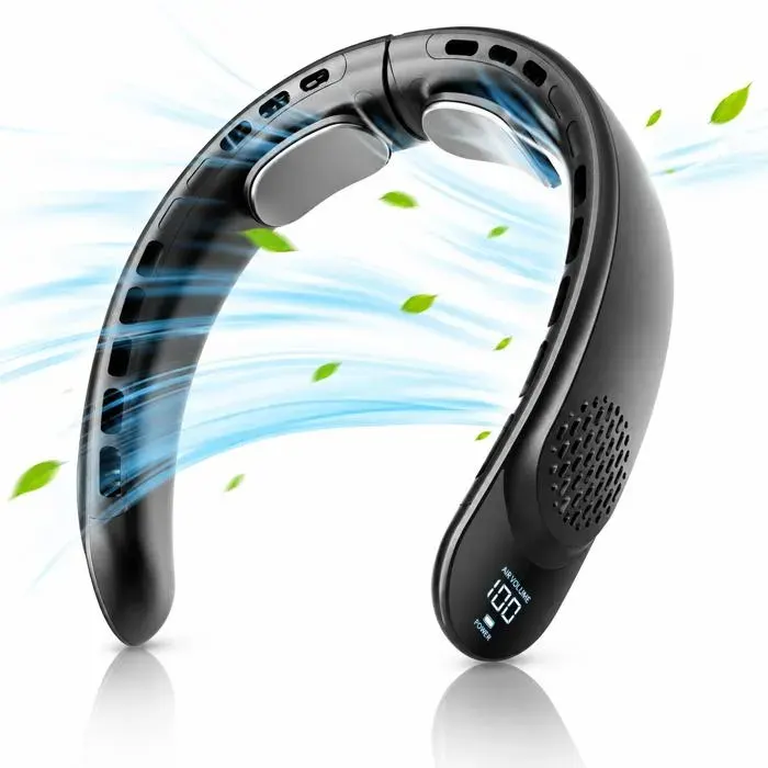 GAUTHIER FRANCE Ventilateur de Cou Portable 4 Turbos 4000 mAh Sans Pales 3 Vitesses LED Rechargeable USB Noir