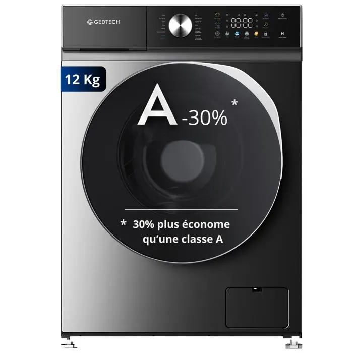 GEDTECH Lave-linge frontal GLLPS121400DG - 12 Kg - 1400 tr/mn - 16 programmes - Eco - Rapide – Très Faible conso - LED couleur