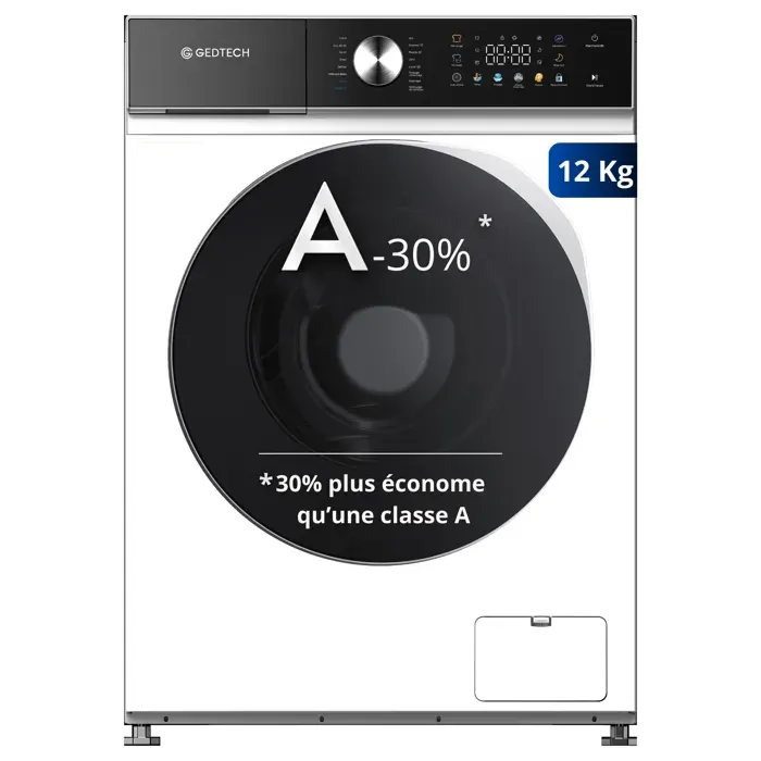 GEDTECH Lave-linge frontal GLLPS121400WH - 12 Kg - 1400 tr/mn - 16 prog - Eco - Rapide – Très Faible conso - Panneau LED couleur
