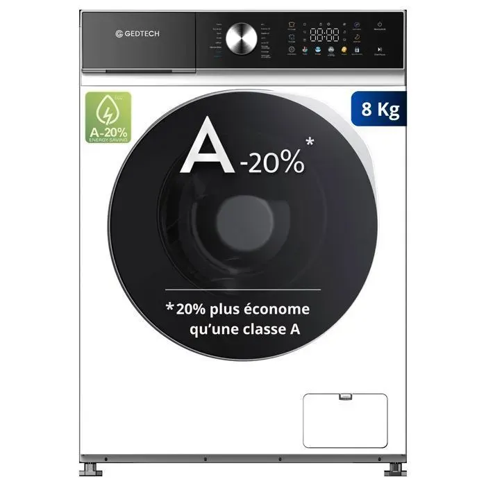 GEDTECH Lave-linge frontal GLLPS81400WH - 8 Kg - 1200 trmn - 16 programmes - Eco - Intensif - Rapide Faible conso - LED couleur