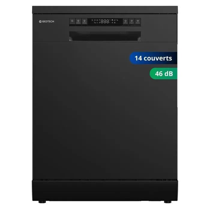 GEDTECH - Lave-vaisselle posable noir 14 couverts GLV1446BL - Départ différé - Eco - Rapide - 46 dB