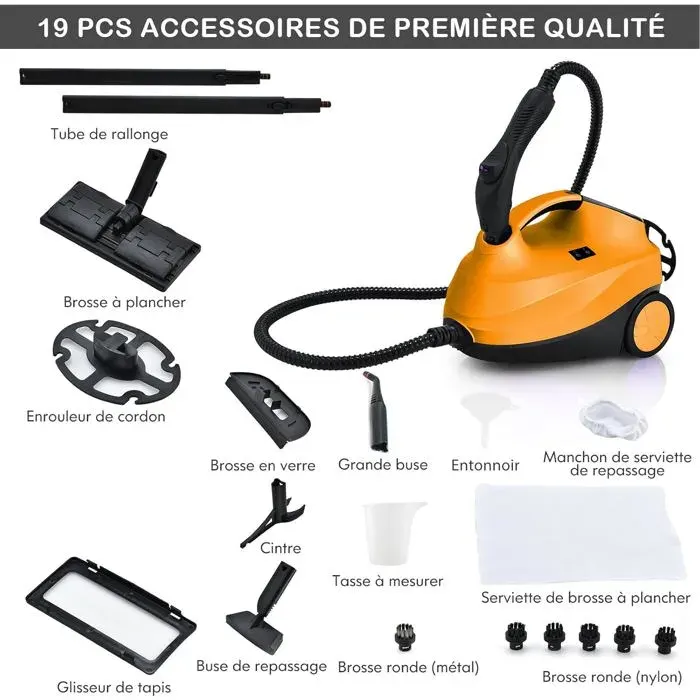 GIANTEX 2000W 15L Nettoyeur Vapeur Electrique 4 Bar Volume de Vapeur Réglable Temps de Chauffe 5-6Min19 PCS AccessoiresOrang