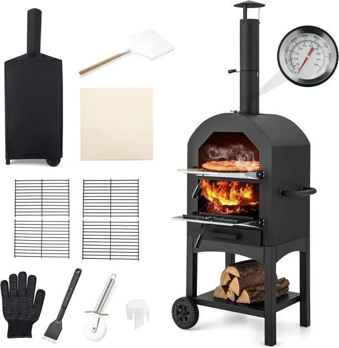 GIANTEX Four Pizza Extrieur en Fer Roulettes- Four BoisCharbonGranuls-Thermomtre Chemine- HoussePierre pizza fournis