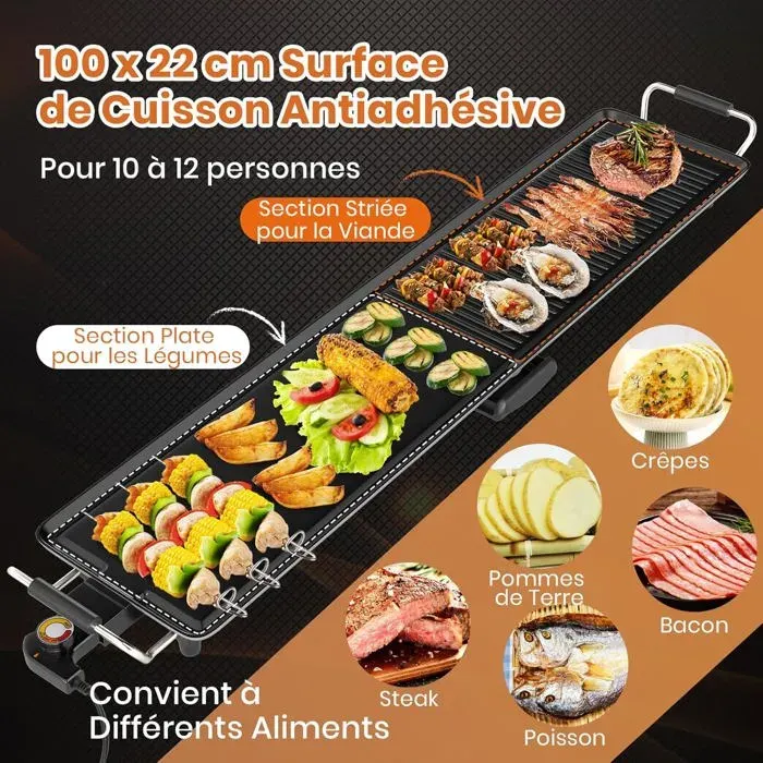 GIANTEX Plancha Électrique XXL 1800W Thermostat Ajustable Plancha Grille Table Antiadhésive & Lavablepour 8 Personnes (100x24CM
