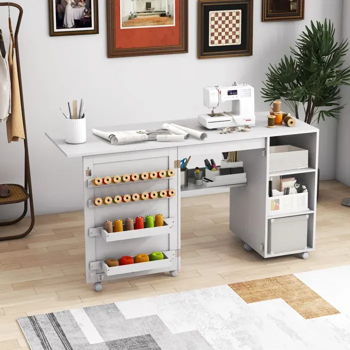 GIANTEX Table de Couture Pliante pour Machine à Coudre-6 Roulettes Verrouillables-avec 4 Étagères+18 Crochets+2 Plateaux-Blanc