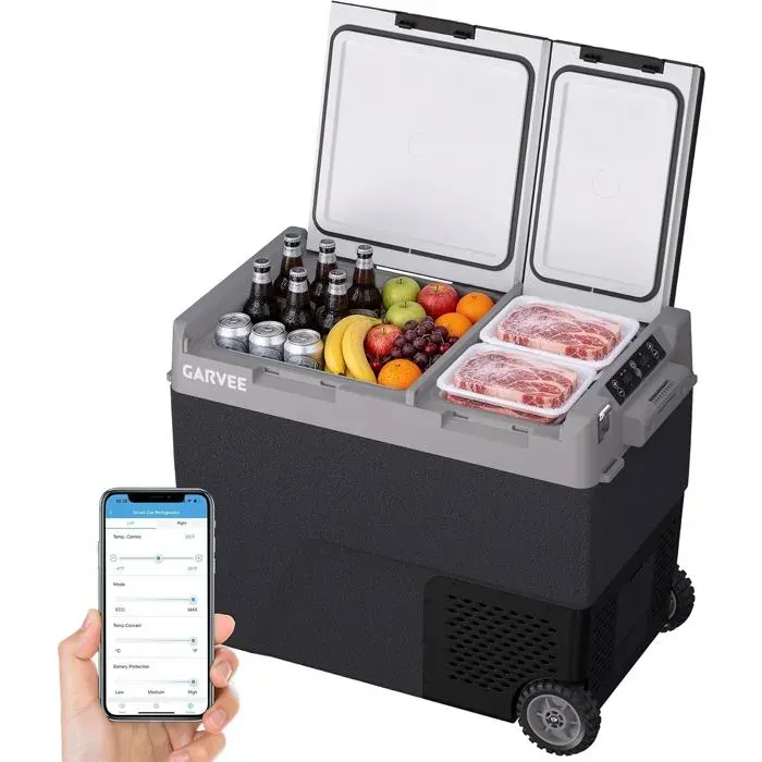 Glacière électrique à compression 58 L 12V/24V frigo portable avec roues poignée compatible batterie externe contrôle APP Gris