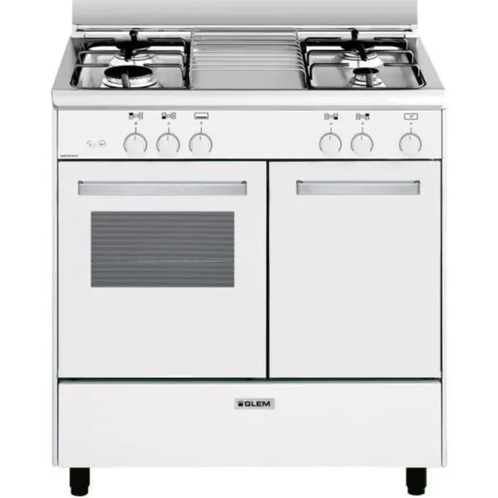 GLEM Cuisinière Piano de cuisson 4 foyers brûleurs gaz blanc 80x50cm Four Email Gazinière 49L