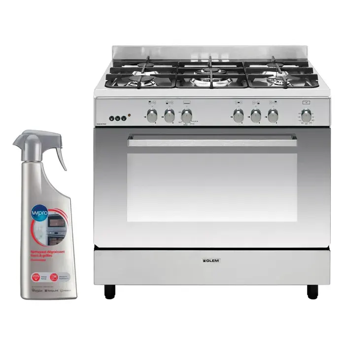GLEM Cuisinière Piano de cuisson 5 foyers brûleurs gaz inox 90x60cm Four Catalyse Gazinière 104L